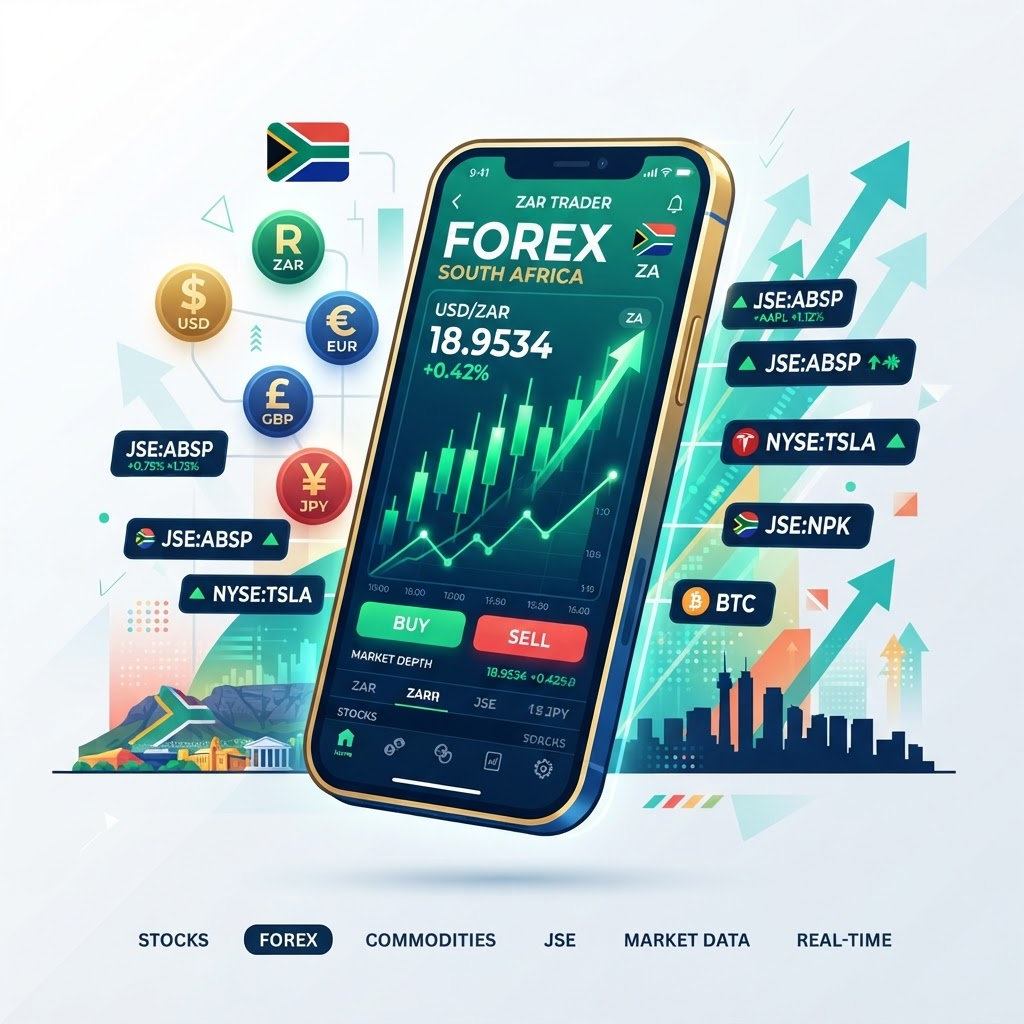 Online Trading In South Africa — a forex trading app showing the USD/ZAR pair